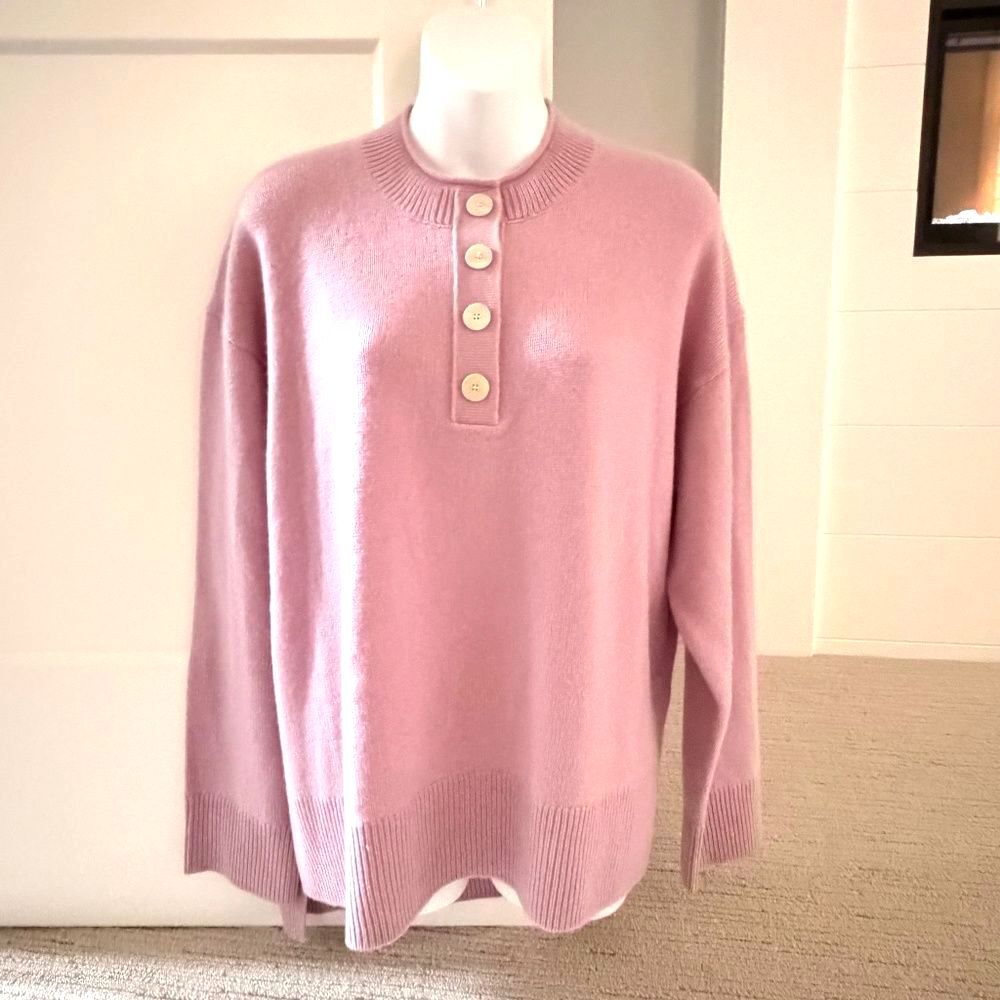 THEORY Beautiful Lavender Pink Oversized Soft Cashmere Henley Sz L NWT $445!!